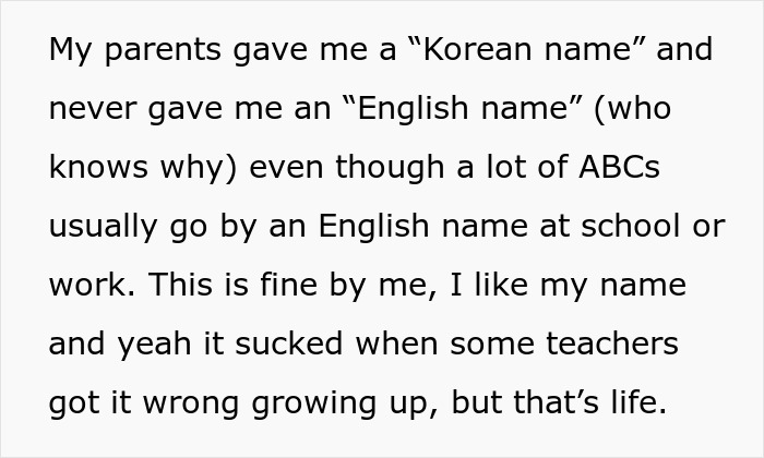 Text discussing a Korean woman’s experience with her name and borderline racism at work involving name use. Text discussing a Korean woman’s experience with her name and borderline racism at work involving name use.