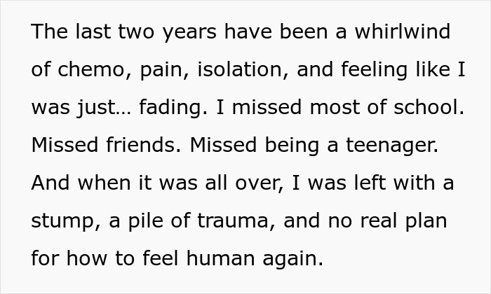 Girl survives cancer and accepts prosthetic leg from brother, overcoming trauma and regaining hope after difficult treatment.