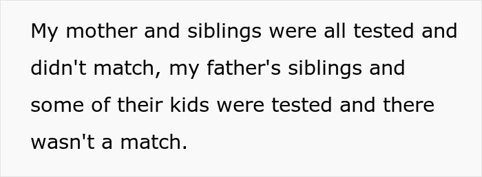 Text excerpt explaining no organ match found among family members in a man refusing to donate an organ story.