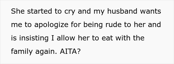 Text showing a stepmom banning a teen from family dinners over singing, asking if she is the antagonist. Text showing a stepmom banning a teen from family dinners over singing, asking if she is the antagonist.