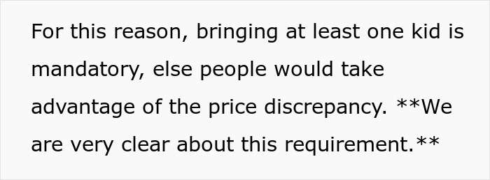 Text explaining the mandatory child policy of a tour company amid backlash from a childfree couple on a family tour. - 9