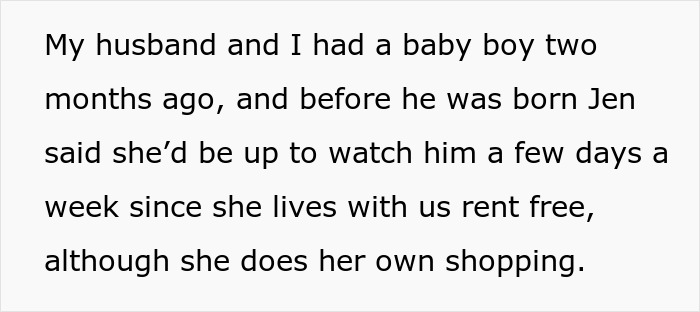 Woman explaining family conflict about nanny working 50 hours a week and sister demanding free babysitting.