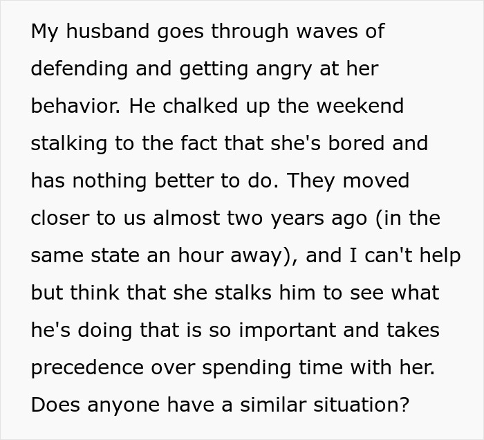 Text discussing a husband's defensive behavior and concerns about a son using a mil-tracking-app to monitor activities.