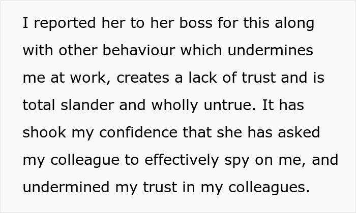 Text excerpt describing a boss caught spying on a coworker, causing trust issues and workplace tension.