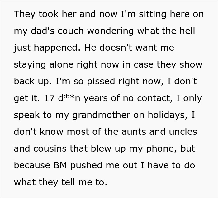 Text describing a woman upset after her half-sister shows up unexpectedly after 17 years of no contact. Text describing a woman upset after her half-sister shows up unexpectedly after 17 years of no contact.