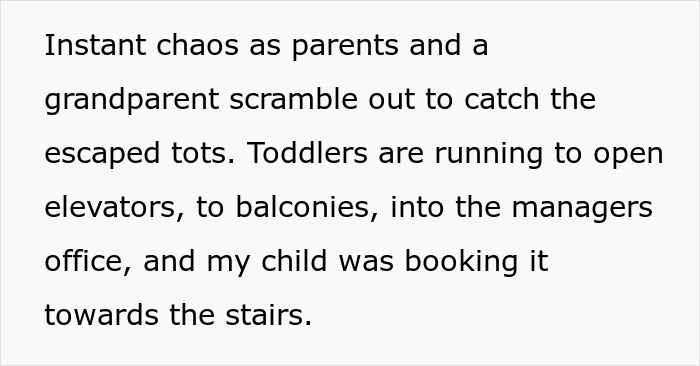 Parents and a grandparent scramble to catch toddlers escaping toward elevators, balconies, and stairs in toddler Karen banned shocking scene. - 5