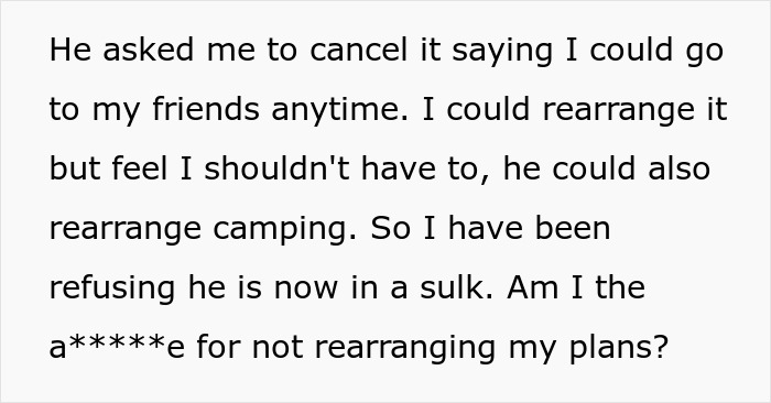 Text showing a man asking his girlfriend to cancel plans so he can go on a cycle trip instead of watching his daughter. Text showing a man asking his girlfriend to cancel plans so he can go on a cycle trip instead of watching his daughter.