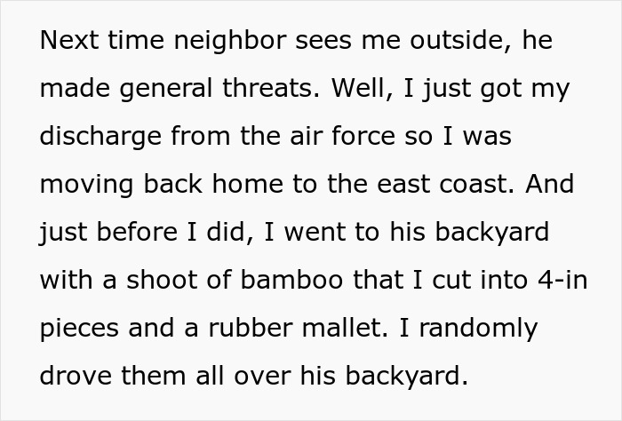 Text describing a guy helping a domestic violence victim escape and placing bamboo in the perpetrator's garden as revenge.