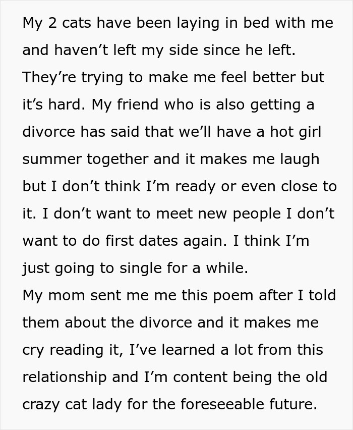 Text excerpt about divorce and relationship struggles after husband demands child and opens up the marriage. - 73
