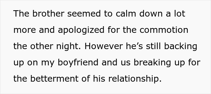 Text excerpt about a 24-year-old man demanding his brother dump his longtime girlfriend due to insecurity issues.