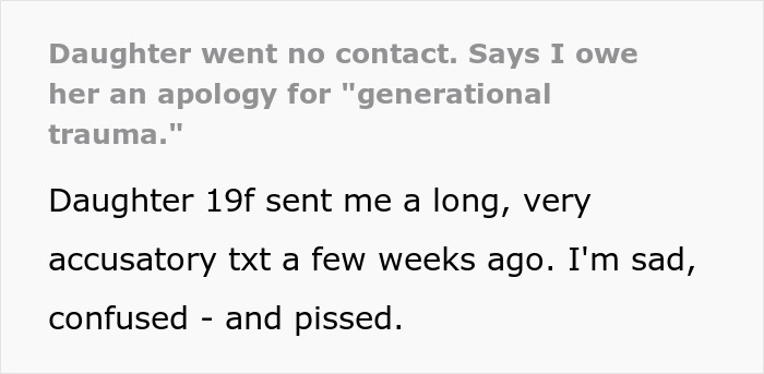 Text post showing a man confused and upset after his daughter demands an apology for generational trauma. - 2