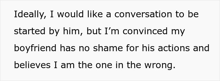 Text on a white background with a woman rethinking her relationship due to a red-flag argument with her boyfriend.