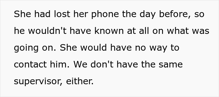 Text excerpt showing a woman explaining she lost her phone and cannot contact her coworker who demands rides abruptly.