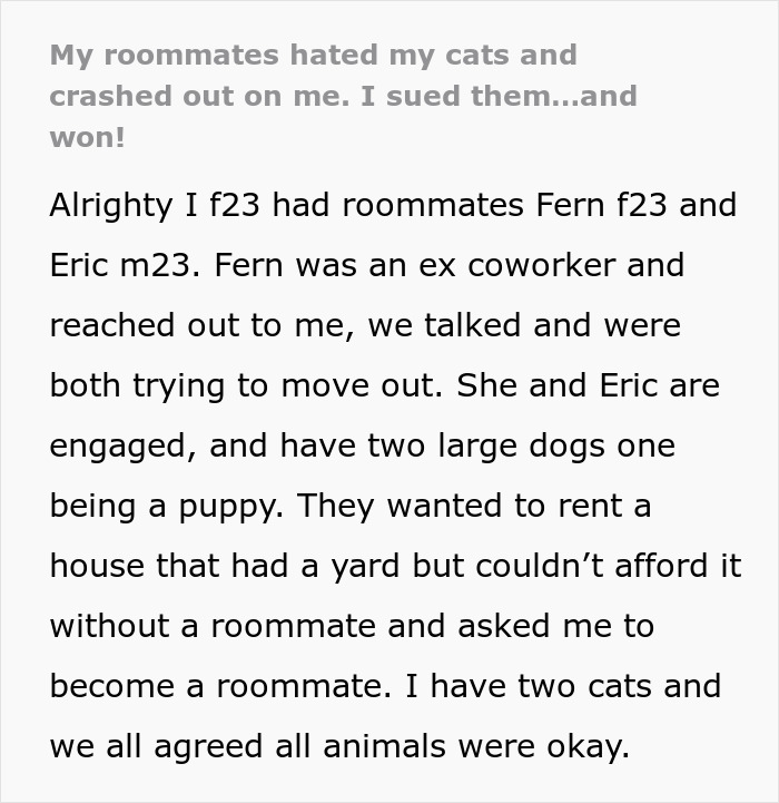 Roommate clash over cats and dogs leads to legal battle, with woman winning her deposit back in court ruling. Roommate clash over cats and dogs leads to legal battle, with woman winning her deposit back in court ruling.