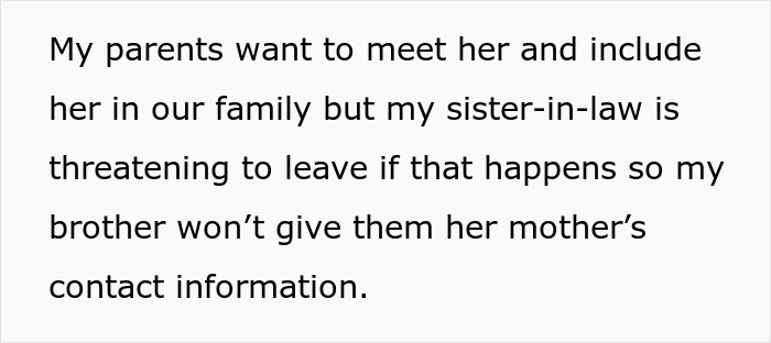 Text about parents wanting to meet secret kid, sister-in-law threatening to leave, causing family tension. Text about parents wanting to meet secret kid, sister-in-law threatening to leave, causing family tension.
