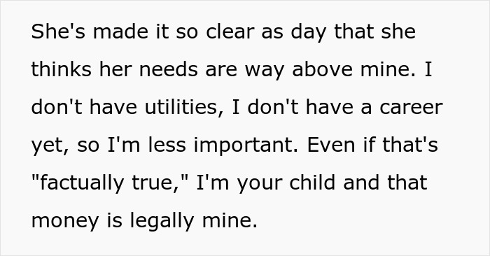 Text highlighting a daughter confronting her mom about embezzling her inheritance and gaslighting her after exposure.