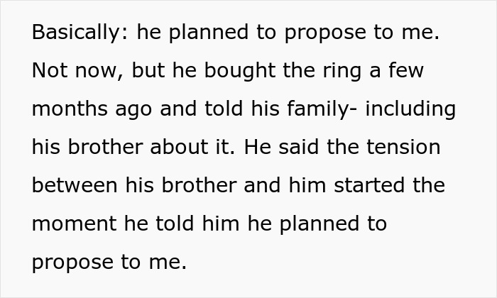 Text excerpt showing a man explaining tension with his brother over a planned proposal causing insecurity in new relationships.