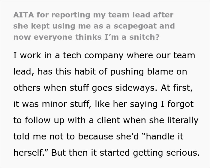 Worker frustrated as team lead uses him as scapegoat and labels him snitch after HR complaint at tech company. Worker frustrated as team lead uses him as scapegoat and labels him snitch after HR complaint at tech company.