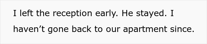 Text on white background stating a woman left the reception early and has not returned to the apartment since, related to fiancé’s family calling her trial wife and warm-up. Text on white background stating a woman left the reception early and has not returned to the apartment since, related to fiancé’s family calling her trial wife and warm-up.