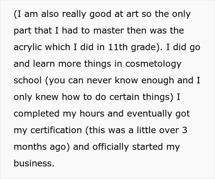 Text excerpt about mastering acrylic art and completing cosmetology certification before starting a business.