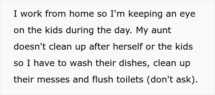 Text excerpt describing a woman managing childcare at home while her aunt demands free childcare and leaves a mess. - 6