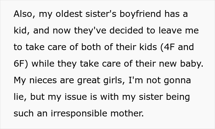 Teen girl frustrated after babysitting sister’s kids for years without payment or respect, calling out irresponsible parenting. - 13