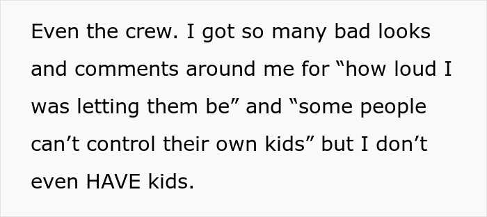 Text about woman blamed for rowdy kids on flight while parents behind her drank, explaining she has no kids. - 9