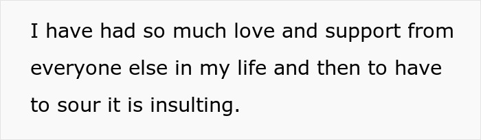 Text image showing a quote about feeling insulted despite receiving love and support, related to MIL at gender reveal.