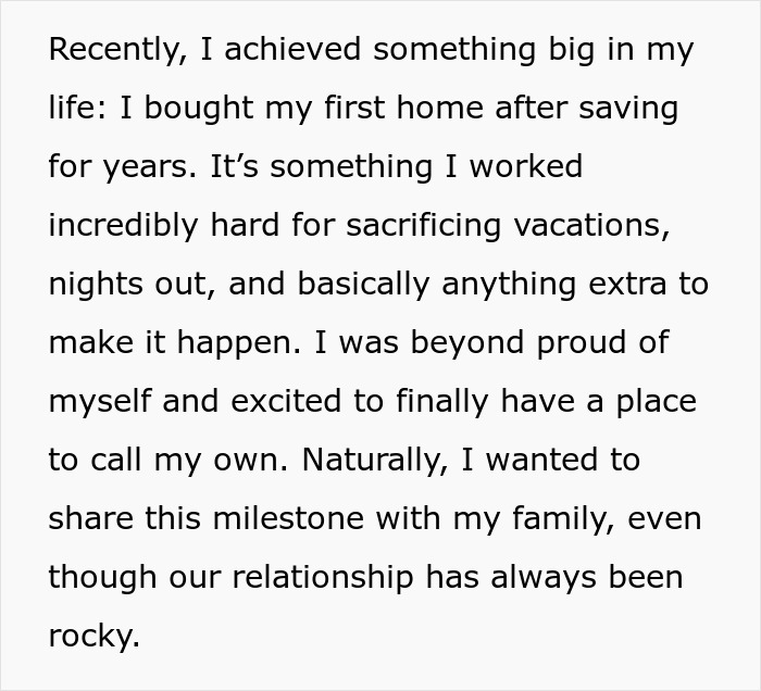 Text showing a personal story about buying a first home despite rocky family relationships and sacrifices made. Text showing a personal story about buying a first home despite rocky family relationships and sacrifices made.