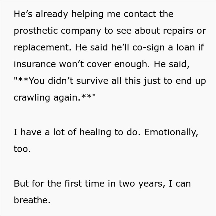 Text showing support for a girl who survives cancer as she accepts a prosthetic leg, highlighting brother&rsquo;s help and emotional healing.