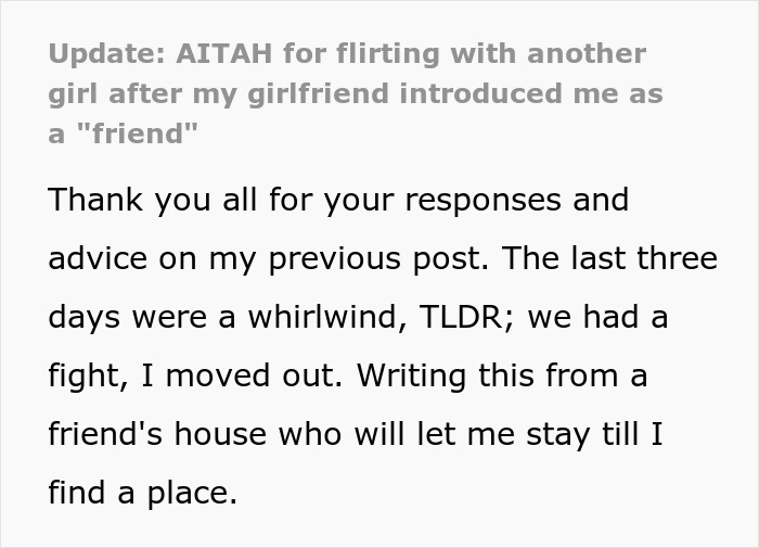 Text update about man publicly demoted to friend by girlfriend, now upgrading himself to flirty bachelor after moving out.