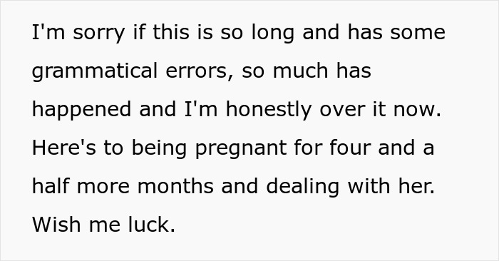 Text message apologizing for length and errors, expressing frustration about pregnancy and dealing with MIL at gender reveal.