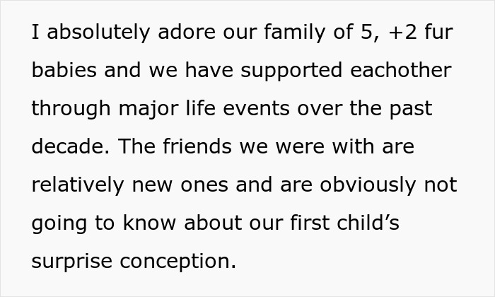 Text about family of five, fur babies, and friends unaware of surprise baby, reflecting husband jokes wife baby trapped scenario.