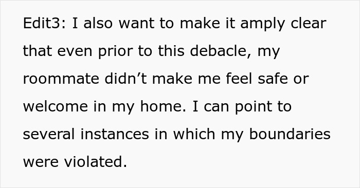 Text excerpt discussing feeling unsafe and boundaries being violated by a roommate before not telling roommate bought house until closed.