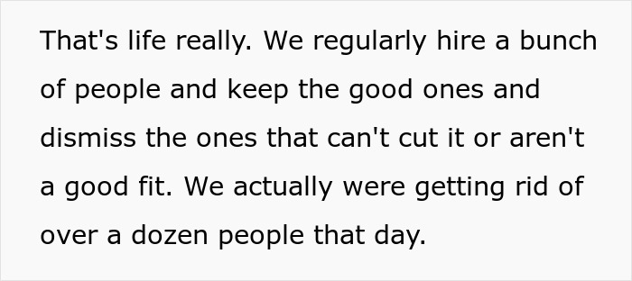 Text excerpt about hiring and firing employees, related to not telling a friend she was getting fired phrase.