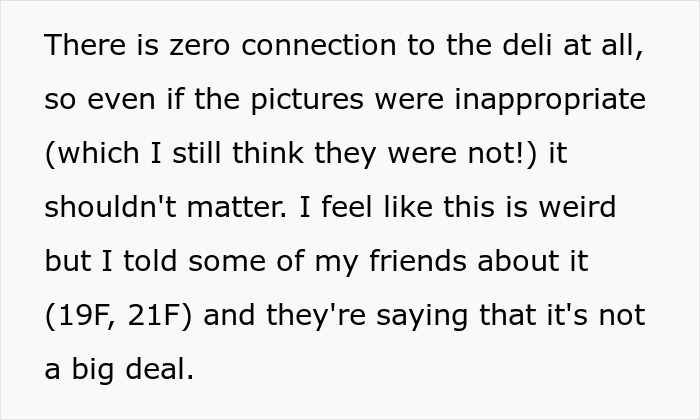 Text discussing concerns about boss not wanting employee bikini pictures posted, shared opinions from friends. - 5