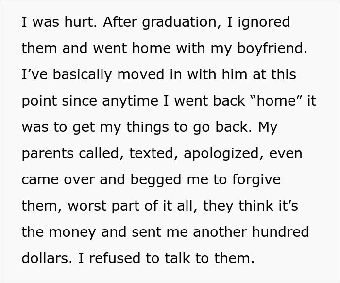 Text excerpt describing an adopted daughter's feelings after graduation and her decision to move out due to parental favoritism.
