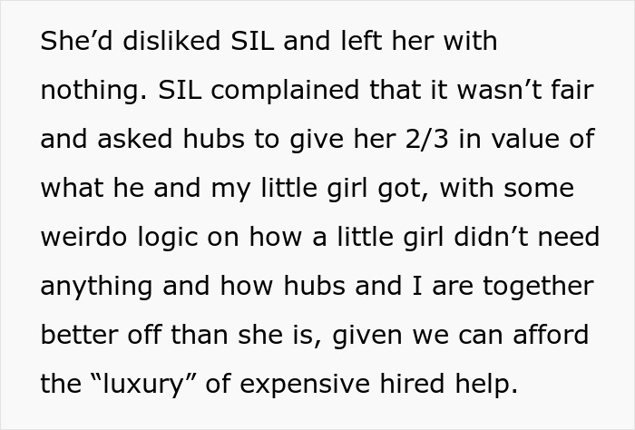 Text excerpt discussing husband promising daughter's inheritance to freeloader sister, sparking wife's anger and conflict. - 6