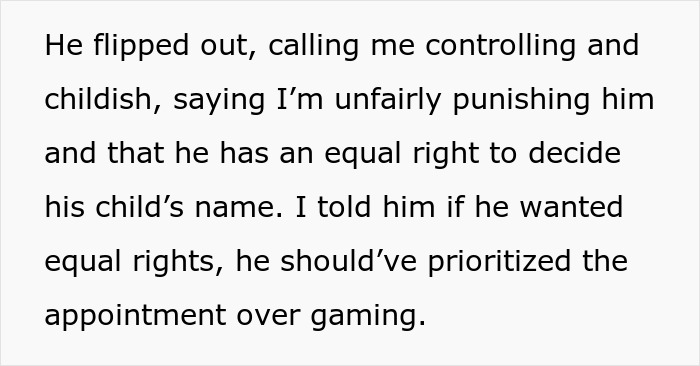 Text excerpt showing a man upset about prioritizing video games over doctors’ visits with his pregnant wife. Text excerpt showing a man upset about prioritizing video games over doctors’ visits with his pregnant wife.