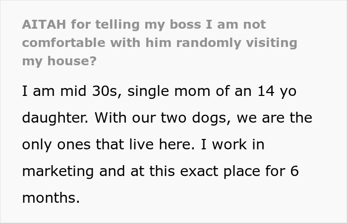 Text from a single mom uncomfortable after boss keeps popping up at her home, discussing her situation and speaking up.