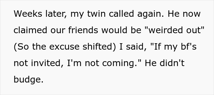 Text excerpt discussing a gay man&rsquo;s twin refusing to invite his partner to the wedding amid tension over guests.