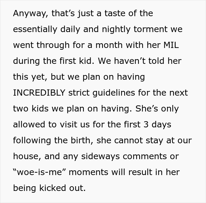 Text excerpt describing strict guidelines for MIL visits after childbirth amid family conflict involving woman upset SIL and son&rsquo;s birth memory.