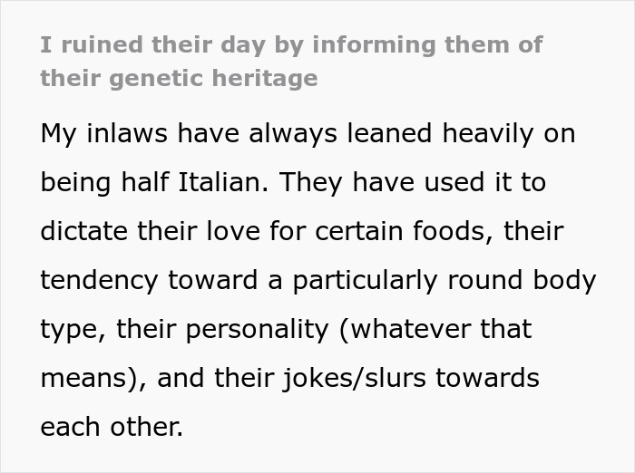 Text excerpt about inlaws and genetic heritage, discussing cultural identity, body type, personality, and family jokes. - 2