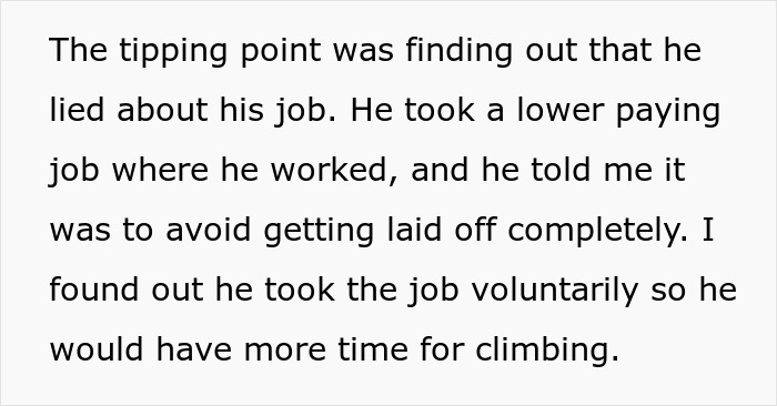 Text excerpt describing a mom feeling like she failed as her marriage falls apart due to her husband&rsquo;s new climbing hobby.