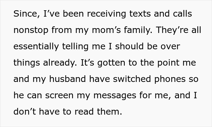Text excerpt about toxic family causing distress with nonstop messages after woman refuses to reconnect over fiancé betrayal. - 23