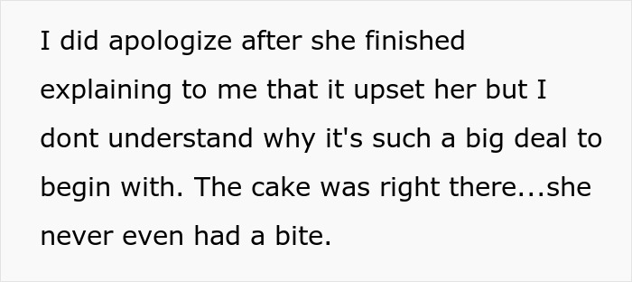 Text excerpt about wife upset after husband devours her week-old birthday cake, causing anger and apology.