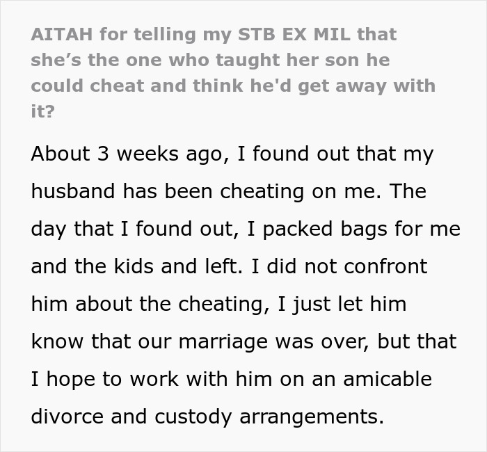 Text excerpt about a mother confronting her MIL for teaching her son cheating is okay and dealing with the aftermath.