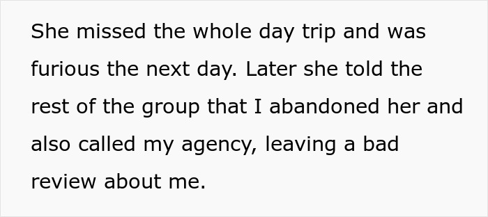 Text on a white background describing a tourist oversleeping and blaming the guide for missing a day trip and leaving a bad review. - 11