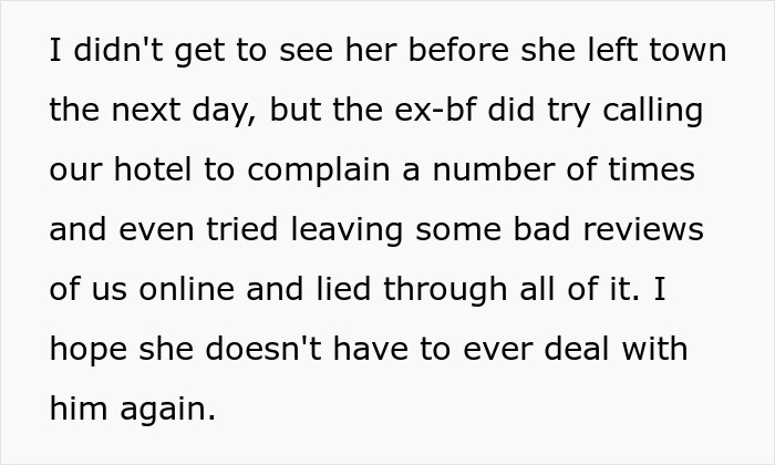 Text excerpt from a hotel employee story about a guest&rsquo;s cheating gold digger boyfriend causing trouble and complaints.