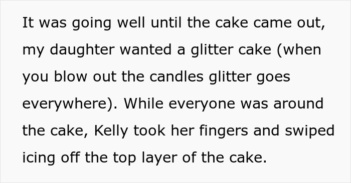 Text excerpt describing a birthday party with a glitter cake where an unwanted guest interferes with the celebration. Text excerpt describing a birthday party with a glitter cake where an unwanted guest interferes with the celebration.